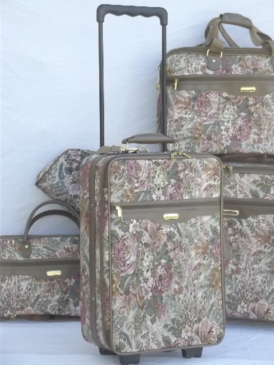 80s vintage floral tapestry luggage, soft sided suitcases, satchel bag