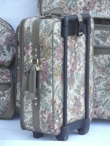 80s vintage floral tapestry luggage, soft sided suitcases, satchel bag