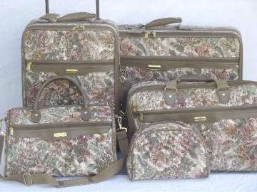 80s vintage floral tapestry luggage, soft sided suitcases, satchel bag