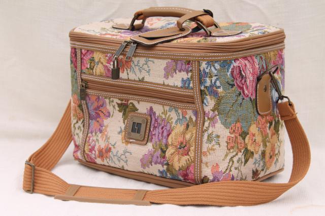 80s vintage floral tapestry suitcases, satchel, train case carry on, Leisure luggage set