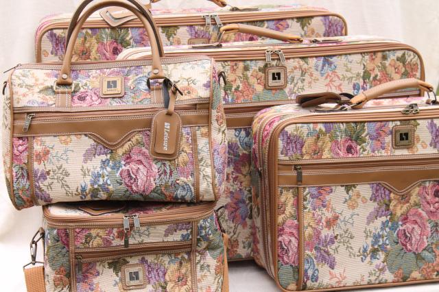 80s vintage floral tapestry suitcases, satchel, train case carry on, Leisure luggage set