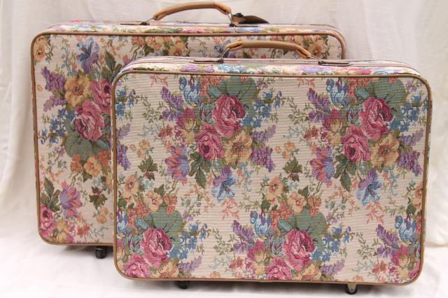 80s vintage floral tapestry suitcases, satchel, train case carry on, Leisure luggage set