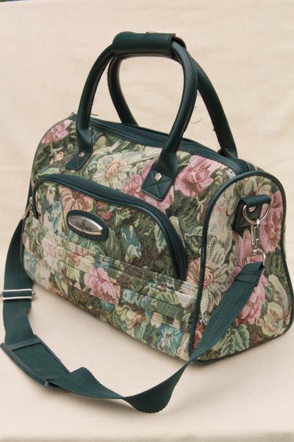 90s vintage Atlantic floral tapestry luggage, carry on suitcase overnight travel bag purse 