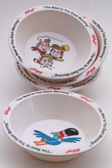 90s vintage Kelloggs cereal bowls set, melmac bowls w/ advertising characters