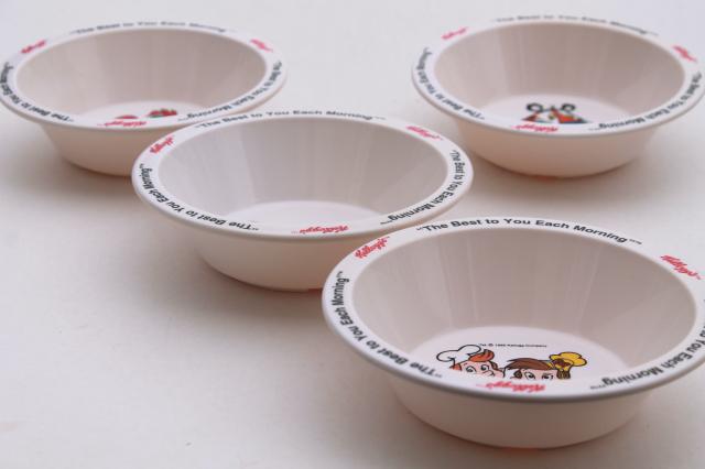 90s vintage Kelloggs cereal bowls set, melmac bowls w/ advertising characters
