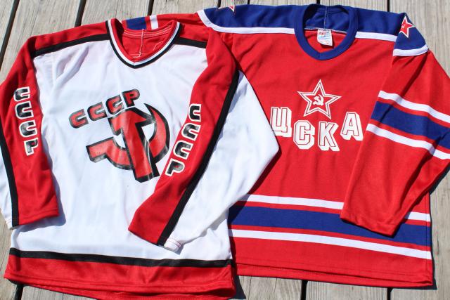 90s vintage Russian hockey teams fan gear, worn jerseys size medium