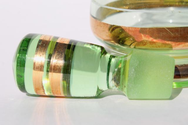 Art deco vintage green glass decanter bottle w/ gold band decoration, Czech or Japan?