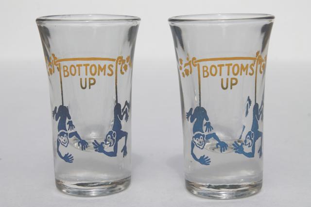 Bottoms Up vintage shot glasses w/ blue monkeys, funny retro barware shots