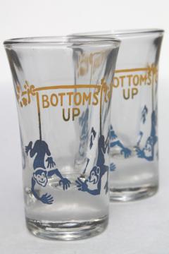 Bottoms Up vintage shot glasses w/ blue monkeys, funny retro barware shots