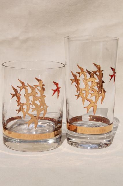 Briard / Culver vintage Pacemaker gold decorated flying geese drinking glasses bar tumblers