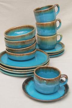 California Rustic vintage stoneware pottery dishes, ocean blue w/ copper brown drip glaze