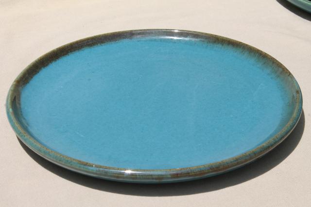 California Rustic vintage stoneware pottery dishes, ocean blue w/ copper brown drip glaze