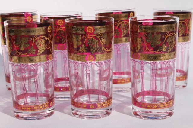 Cera Golden Grapes burgundy highball glasses, vintage cranberry ruby stain tumblers