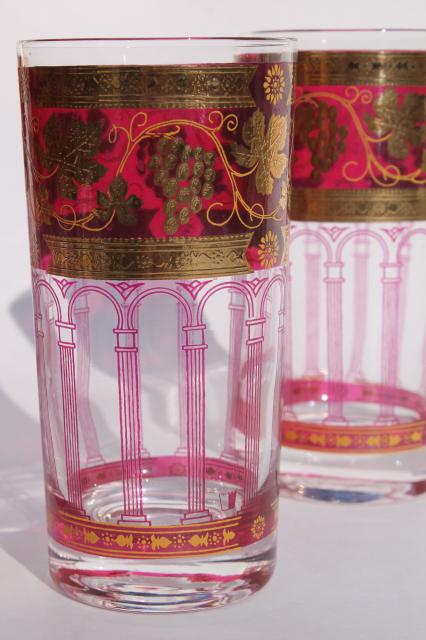Cera Golden Grapes burgundy highball glasses, vintage cranberry ruby stain tumblers