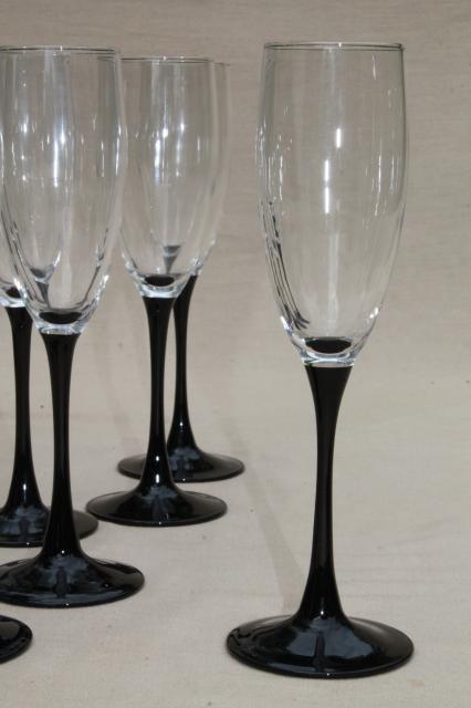 Cristal d'Arques black stem crystal champagne flutes, set of 12 vintage glasses