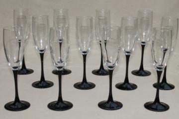 Cristal d'Arques black stem crystal champagne flutes, set of 12 vintage glasses