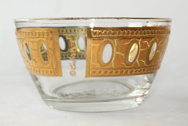 Culver Antigua encrusted gold band glass dip bowl, vintage mid-century mod glassware