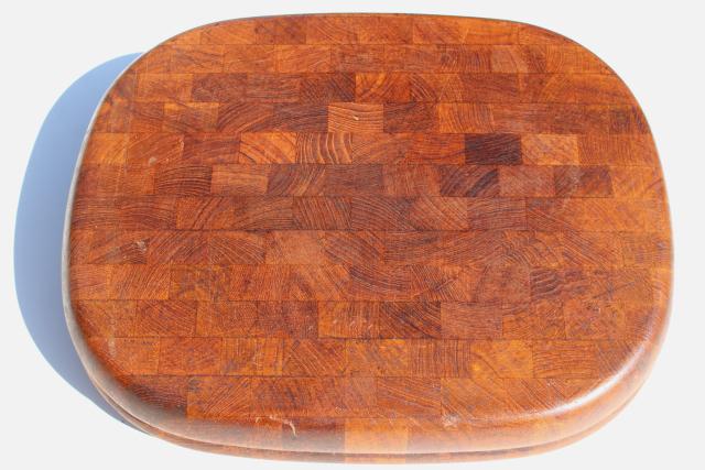 Danish mod end grain wood kitchen serving / cutting board, vintage Denby stone & teak line