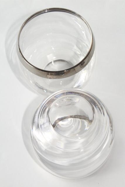 Dorothy Thorpe silver platinum band tumblers, vintage mid-century mod roly poly glasses