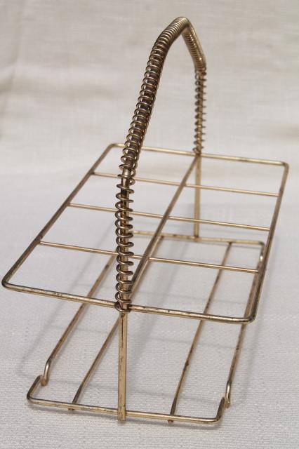 Fred Press vintage leaf print drinking glasses w/ mod gold wire carrier basket stand