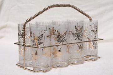 Fred Press vintage leaf print drinking glasses w/ mod gold wire carrier basket stand
