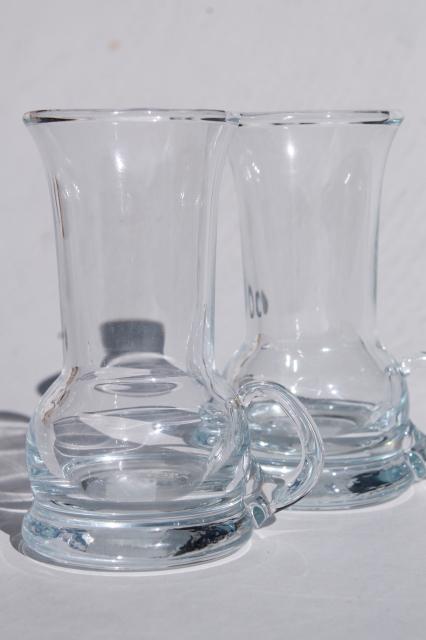 Holmegaard Scandinavian modern weighted bottom vodka shot glasses, hand blown glass handles