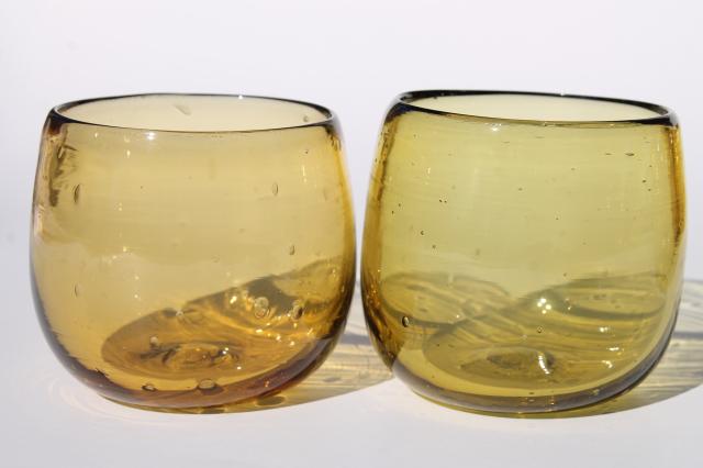 Mexican hand blown amber glass roly poly drinking glasses, retro short fat round tumblers