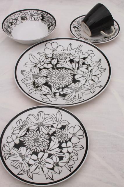 Mikasa Bouquet mod vintage black & white floral china, Cera-Stone pottery dinnerware set