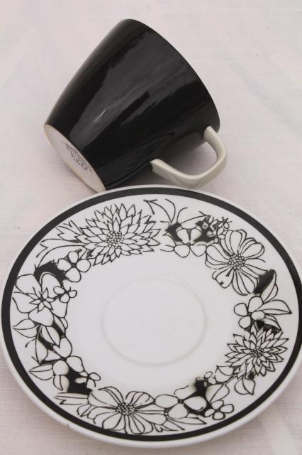 Mikasa Bouquet mod vintage black & white floral china, Cera-Stone pottery dinnerware set