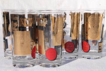 Monaco gold & black highball glasses, 70s mod vintage barware, set of 6 tall tumblers