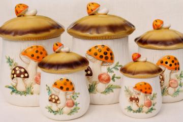 Sears Merry Mushroom ceramic canisters complete set, retro 70s vintage mushrooms