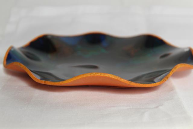 Seetusee Canada handcraft leather backed marbled glass dish, mod vintage art glass bowl