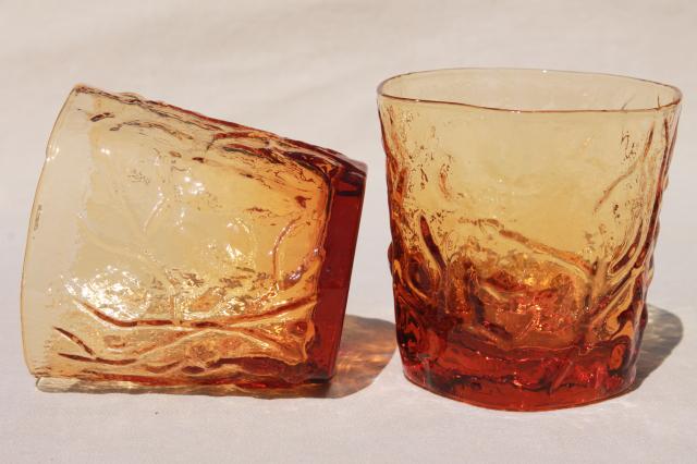 Seneca driftwood amber glass crinkle ice textured glasses, lowball old fashioned tumblers