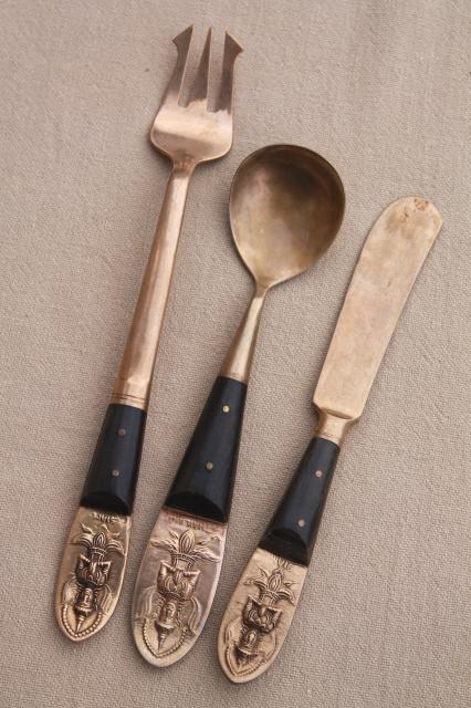 Siam brass flatware set w/ rosewood or teak handles, mid-century vintage Thailand