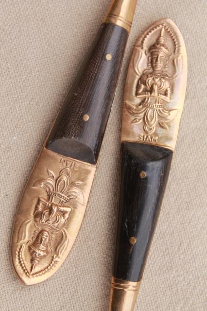 Siam brass flatware set w/ rosewood or teak handles, mid-century vintage Thailand