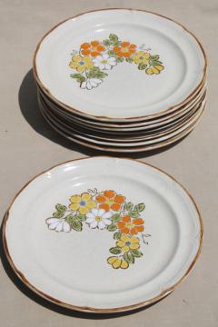 Spring Garden Hearthside Japan stoneware dinner plates, 70s vintage pottery w/ mod flowers