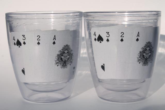 Tervis type insulated clear plastic tumblers, poker playing cards drinking glasses