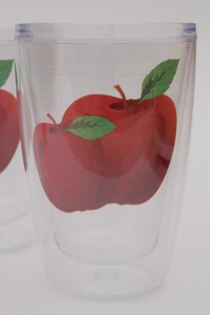 Tervis type insulated clear plastic tumblers, red apple pattern drinking glasses