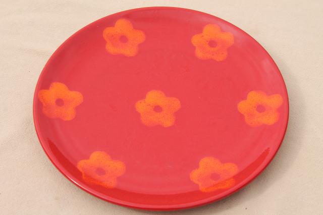 Waechtersbach pottery freestyle Paradise orange flowers on red, mod vintage salad plates