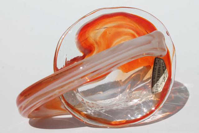 Wagon Hill Cherokee art glass basket, hand-blown glass w/ retro orange slag color