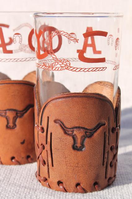 Western tooled leather cowboy cattle brands & rope pattern drinking glasses & holders