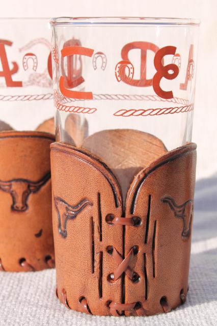Western tooled leather cowboy cattle brands & rope pattern drinking glasses & holders
