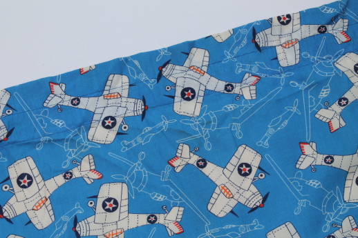 Ace flying biplanes airplane print curtain panels, vintage cotton print fabric
