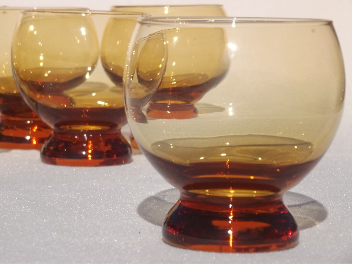 Amber glass footed roly-poly glasses, mod ball deco art glass drinks glasses