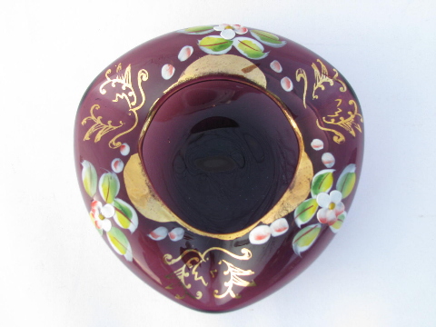 Amethyst purple glass ashtray w/ hand-painted enamel flowers, vintage Germany?