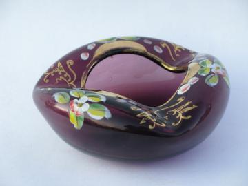 Amethyst purple glass ashtray w/ hand-painted enamel flowers, vintage Germany?