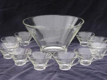 Anchorglas etched wheat spray retro mod punch bowl & cups set
