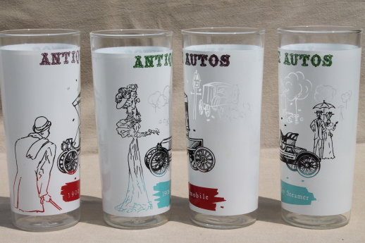 Antique autos drinking glasses, mid-century mod vintage tall tumbler coolers