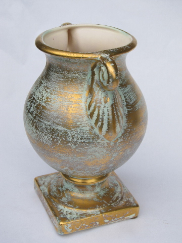 Antique gold on blue, vintage Stangl art pottery vase & fruit bowl