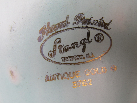 Antique gold on blue, vintage Stangl art pottery vase & fruit bowl
